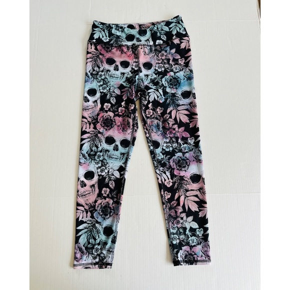 Evolution n Creation Sz M Skull Print Multi Color Crop Leggings Stretch Pull On - Picture 1 of 7
